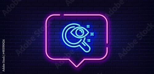 Neon light speech bubble. Vision test line icon. Eyesight check sign. Oculist clinic symbol. Neon light background. Vision test glow line. Brick wall banner. Vector