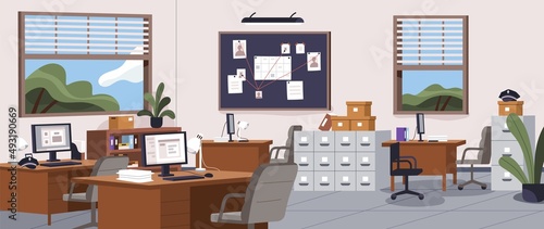 Police office, station interior. Inside of empty investigation department of detective bureau. Workplace with furniture, confidential evidence board and computer desks. Flat vector illustration