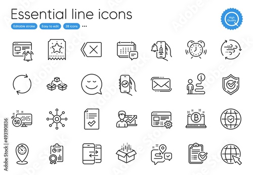 Wind energy, Remove and Time management line icons. Collection of Global insurance, Messenger mail, Web settings icons. Parcel shipping, Financial app, Timer web elements. Loyalty ticket. Vector