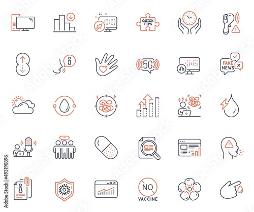 Science icons set. Included icon as Blood donation, Hydroelectricity and Coronavirus protection web elements. Cough, Quick tips, Cold-pressed oil icons. Employees group, Sunny weather. Vector