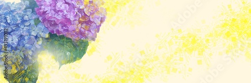 雨降る中輝く紫陽花のはなの水彩画イラストと日本画風金箔背景