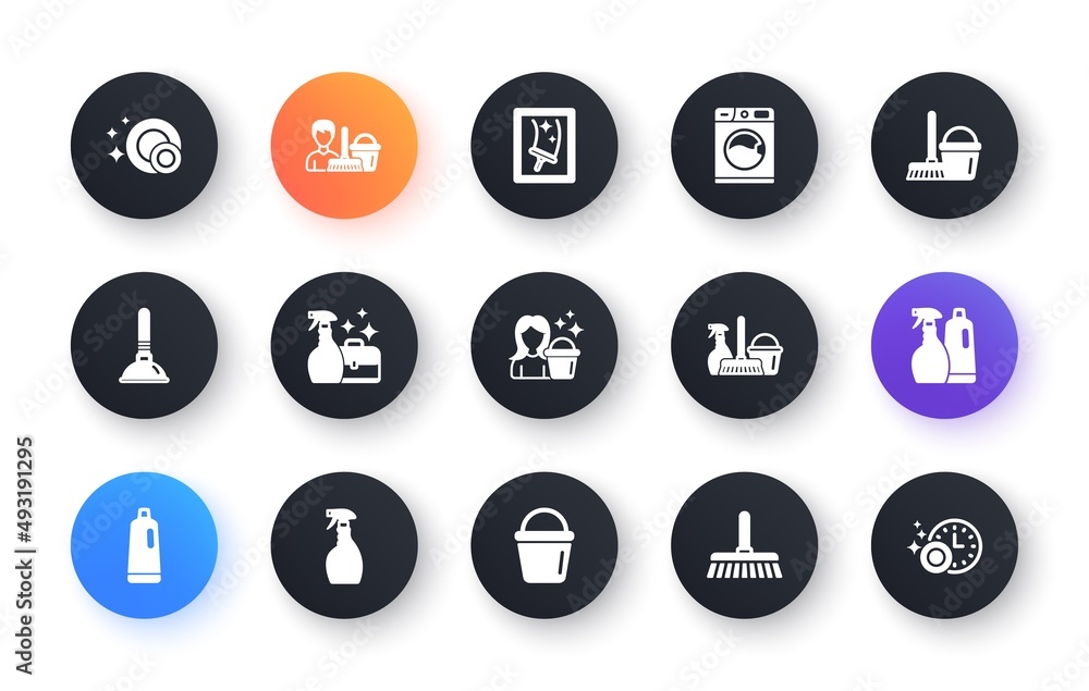 Cleaning icons. Laundry, Window sponge and Vacuum cleaner. Washing machine classic icon set. Circle web buttons. Vector Cleaning icons. Laundry, Window sponge and Vacuum cleaner. Washing machine classic icon set. Circle web buttons. Vector