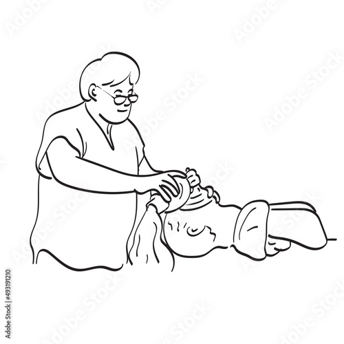 doctor teaching how to rescue the patients in emergency or CPR training with doll illustration vector hand drawn isolated on white background line art.