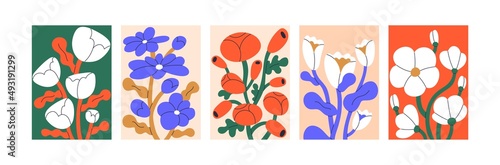 Contemporary posters, wall art designs with abstract flowers. Trendy Matisse-inspired floral paintings set. Creative vertical placards for interior. Modern artworks. Colored flat vector illustrations