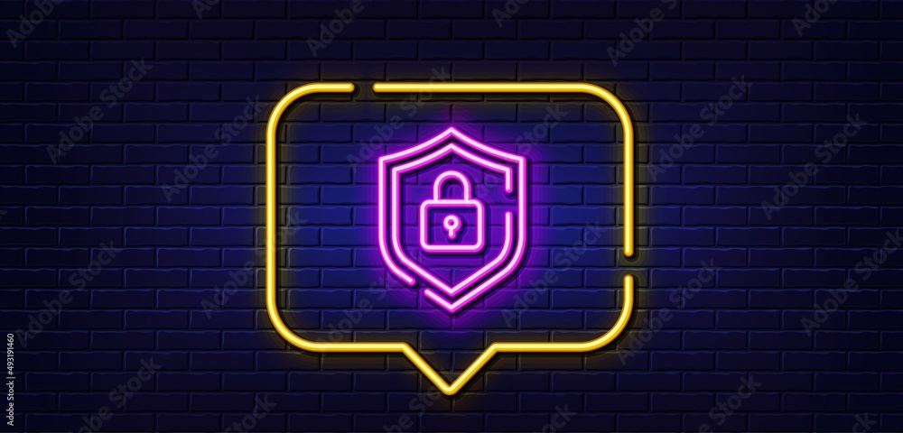 Neon light speech bubble. Shield line icon. Privacy secure sign. Safe defense symbol. Neon light background. Shield glow line. Brick wall banner. Vector Neon light speech bubble. Shield line icon. Privacy secure sign. Safe defense symbol. Neon light background. Shield glow line. Brick wall banner. Vector
