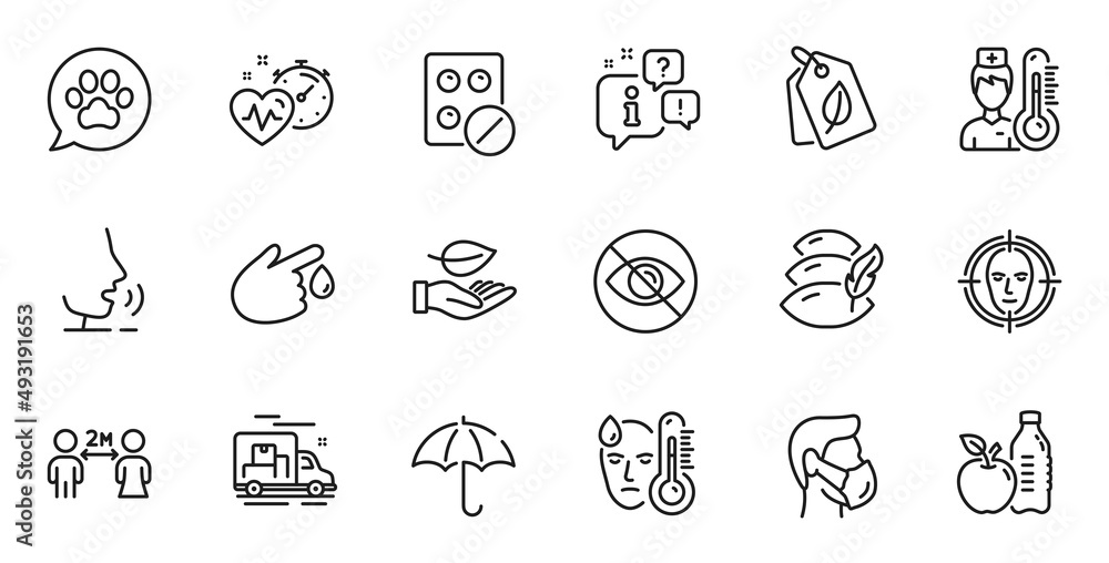 Outline set of Medical mask, Thermometer and Healthy food line icons for web application. Talk, information, delivery truck outline icon. Include Social distancing, Not looking, Umbrella icons. Vector
