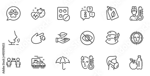 Outline set of Medical mask, Thermometer and Healthy food line icons for web application. Talk, information, delivery truck outline icon. Include Social distancing, Not looking, Umbrella icons. Vector