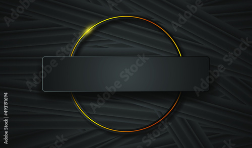Black background, plate for text and round golden frame 