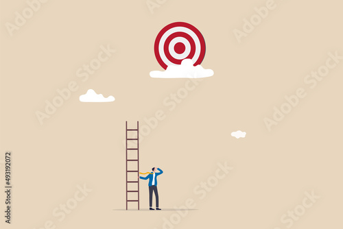 Fotografie, Tablou Mistake and error causing business problem and missing goal, disappointment or mission fail, hopeless on unreachable target concept, hopelessness businessman with too short ladder cannot reach target