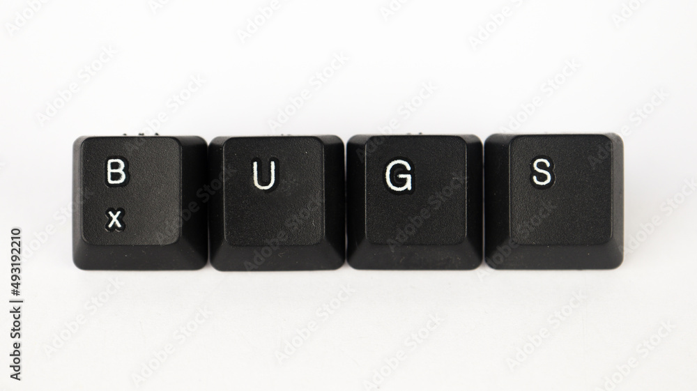 Bugs text created with keyboard keys isolated on white background, white bugs letters on black keyboard, top view