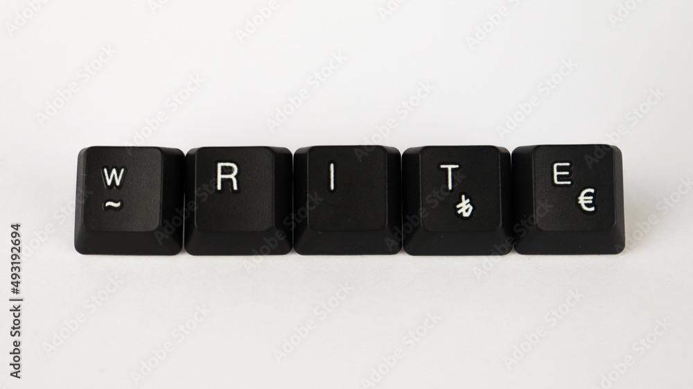 Write text created with keyboard keys, isolated on white background, literature terminology Write text created with keyboard keys, isolated on white background, literature terminology