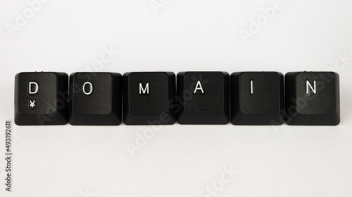 domain text created with keyboard keys, isolated on white background, internet terminology photo