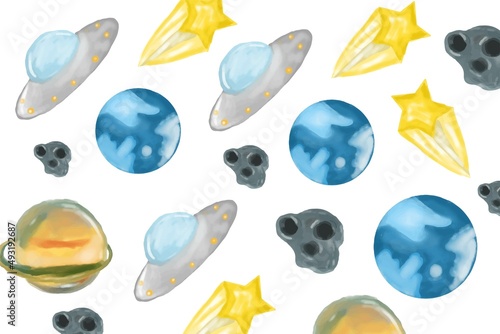 Watercolor galaxy planet pattern background © Griyolabs