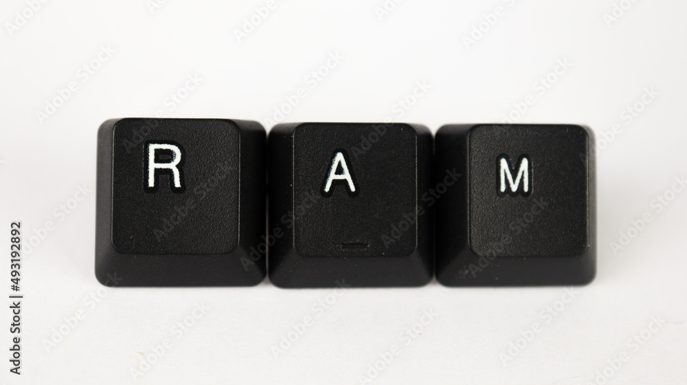 Ram text created with keyboard keys, isolated on white background, computer terminology Ram text created with keyboard keys, isolated on white background, computer terminology