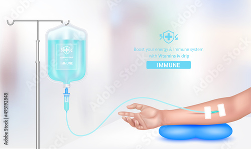 Intravenous vitamin iv drip treatment in spa salon, clinic. Serum collagen vitamin inside saline bag for immune blue. Used for giving injections for health. Vector EPS 10. photo