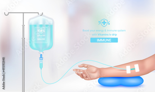 Intravenous vitamin iv drip treatment in spa salon, clinic. Serum collagen vitamin inside saline bag for immune blue. Used for giving injections for health. Vector EPS 10.