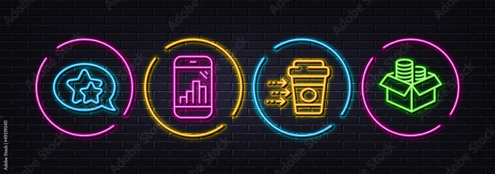 Coffee delivery, Graph phone and Star minimal line icons. Neon laser 3d lights. Money box icons. For web, application, printing. Soft beverage, Mobile statistics, Favorite. Accounting. Vector