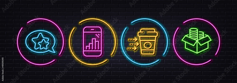 Coffee delivery, Graph phone and Star minimal line icons. Neon laser 3d lights. Money box icons. For web, application, printing. Soft beverage, Mobile statistics, Favorite. Accounting. Vector Coffee delivery, Graph phone and Star minimal line icons. Neon laser 3d lights. Money box icons. For web, application, printing. Soft beverage, Mobile statistics, Favorite. Accounting. Vector