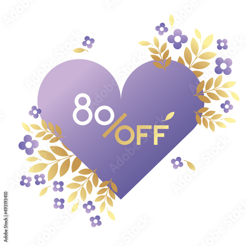 Sale promo marketing. Discount up to 80% off. Discount offer price label, symbol for advertising campaign in retail. Heart and plants. Isolated.