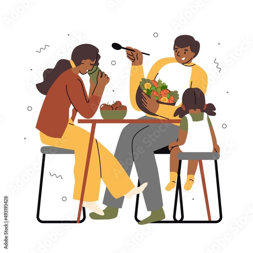 Father, mother and daughter sit together at the table and have lunch. Family food. Flat style in vector illustration.