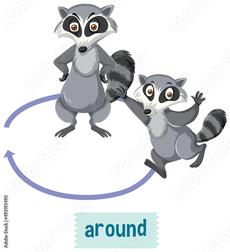 English prepositions with raccoons walk around boxes