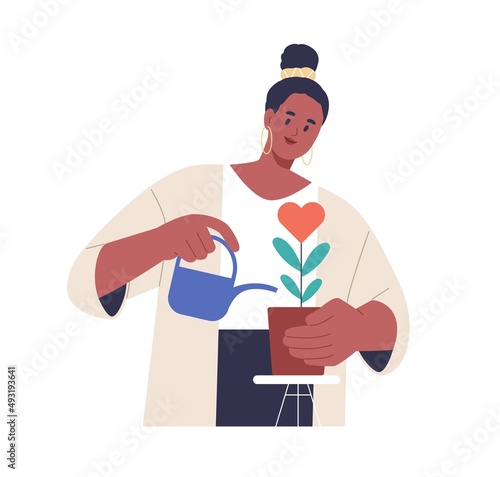 Volunteer caring about charity project with love. Person helping, supporting, donating and growing plant with heart. Donation and funding concept. Flat vector illustration isolated on white background