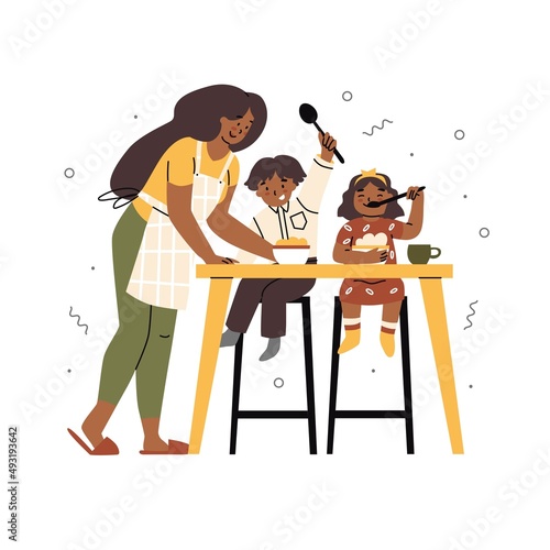 Mother sets the table for her son and daughter. Caring for relatives. Family breakfast concept. Black skin people. Flat style in vector illustration.