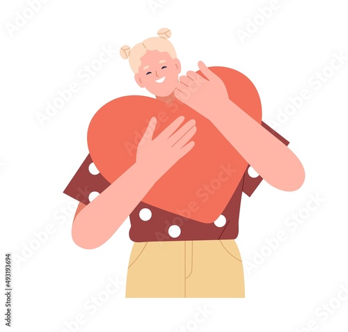 Happy person holds big red heart. Love, generosity, philanthropy and hope concept. Volunteer feels kindness. Woman with generous altruists soul. Flat vector illustration isolated on white background
