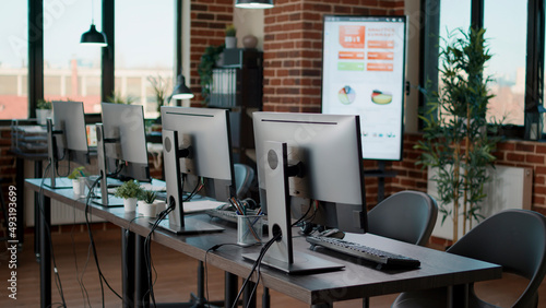 Wallpaper Mural Empty call center office with computers and monitors on desk, using technology to give support to clients at customer service helpline. Nobody in business space with telemarketing workstation. Torontodigital.ca