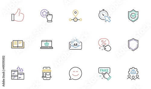 Confirmed, Discount button and Shield line icons for website, printing. Collection of Smile chat, Rate button, Engineering team icons. Like, Timer, Online shopping web elements. Vector