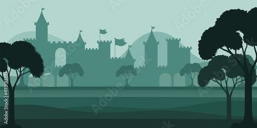 Landscape scene silhouette with medieval town