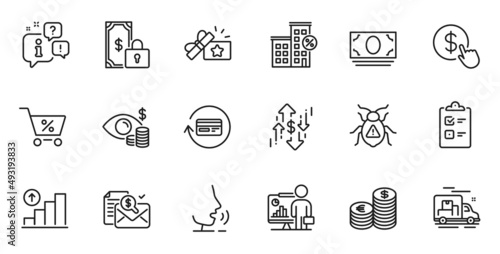 Outline set of Loyalty gift, Checklist and Cash money line icons for web application. Talk, information, delivery truck outline icon. Include Currency, Business vision, Refund commission icons. Vector