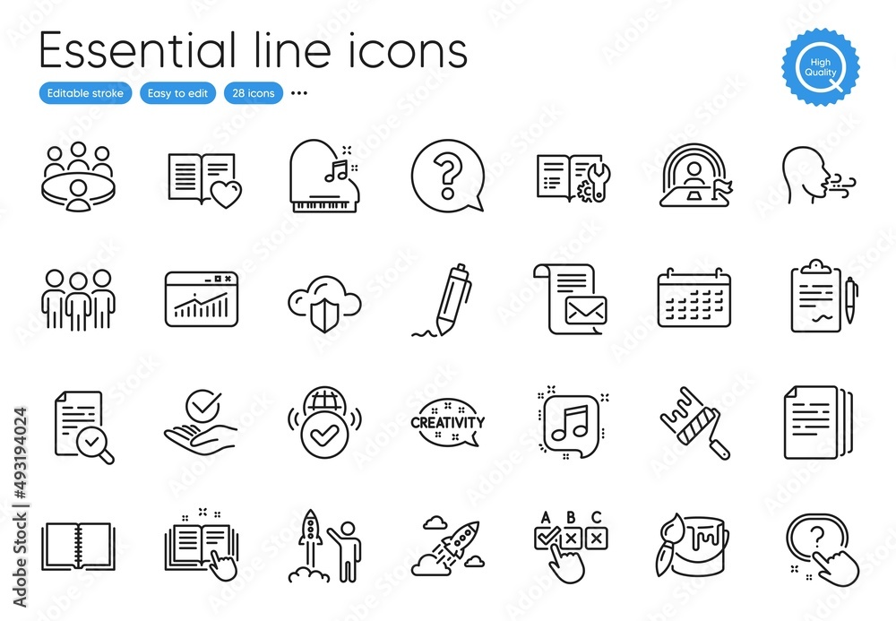 Mail letter, Startup rocket and Lgbt line icons. Collection of Approved, Verified internet, Book icons. Musical note, Correct checkbox, Inspect web elements. Signature, Paint roller. Vector Mail letter, Startup rocket and Lgbt line icons. Collection of Approved, Verified internet, Book icons. Musical note, Correct checkbox, Inspect web elements. Signature, Paint roller. Vector