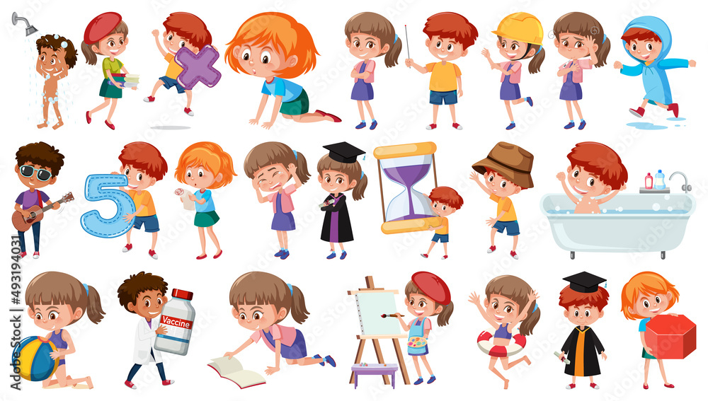 Set of children doing different activities on white background Set of children doing different activities on white background