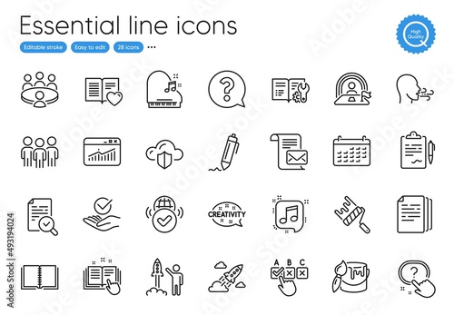Mail letter, Startup rocket and Lgbt line icons. Collection of Approved, Verified internet, Book icons. Musical note, Correct checkbox, Inspect web elements. Signature, Paint roller. Vector photo