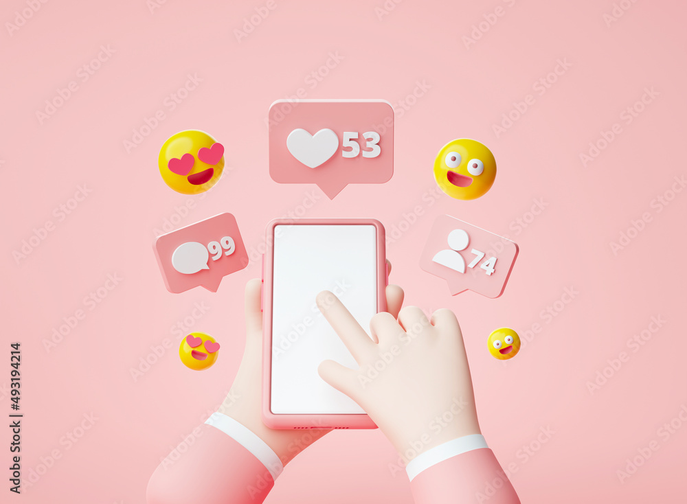 Hands holding a blank Smartphone Chat love and followers bubbles and alert notification cartoon app website ui on pink background 3d rendering illustration Hands holding a blank Smartphone Chat love and followers bubbles and alert notification cartoon app website ui on pink background 3d rendering illustration