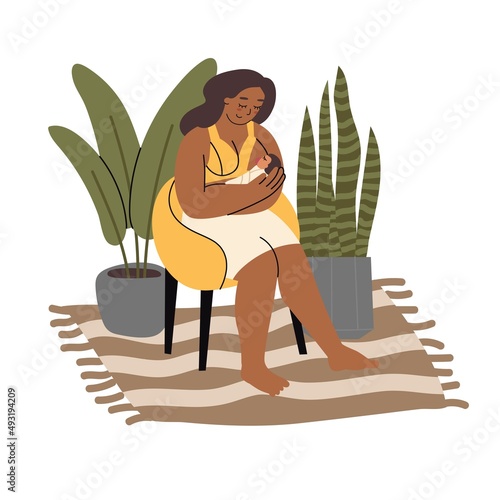 Woman is breastfeeding a baby while sitting in a chair around home plants. Young mothers feeding children. Happy motherhood, natural feeding concept. Flat style in vector illustration.