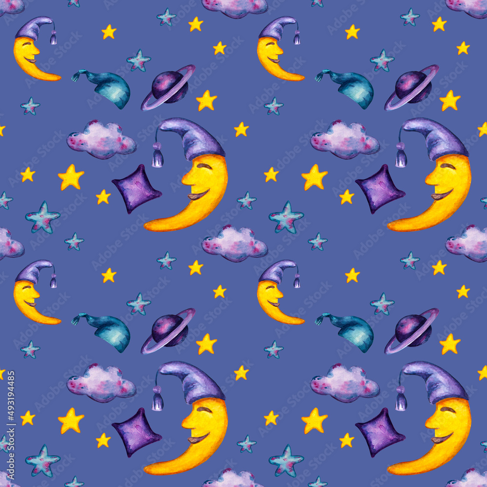 Set of  watercolor illustrations sleeping space patterns Nursery Sleepwear  Cosmos Night Sky