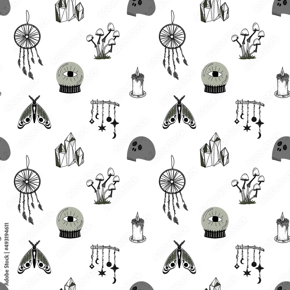 Seamless magic pattern with supply for witchcraft. Mystic background for esoteric, gothic and occult concept. Seamless magic pattern with supply for witchcraft. Mystic background for esoteric, gothic and occult concept.