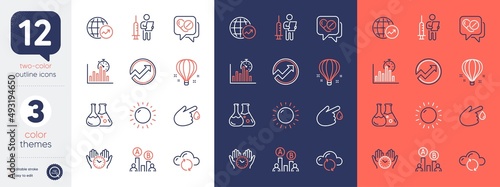 Set of Cloud sync, Vaccination announcement and Air balloon line icons. Include World statistics, Sunny weather, Report timer icons. Safe time, Chemistry lab, Medical drugs web elements. Vector