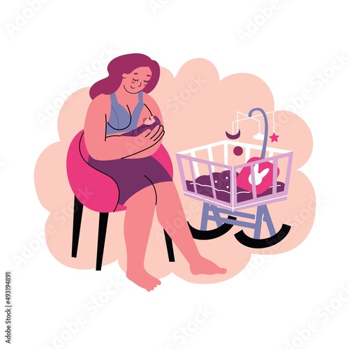 Woman is breastfeeding a baby while sitting in a chair. Young mothers feeding children. Maternity leave, happy motherhood, natural feeding concept. Flat style in vector illustration.