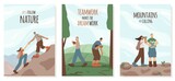 Happy hikers in the mountains in flat style vector set. Cute characters climb mountains, collect branches for a fire and explore the area. Illustrations for printing posters or postcards.