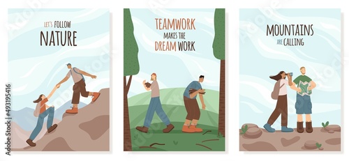 Happy hikers in the mountains in flat style vector set. Cute characters climb mountains, collect branches for a fire and explore the area. Illustrations for printing posters or postcards.