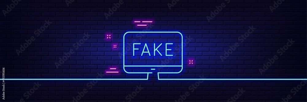 Neon light glow effect. Fake news line icon. Propaganda conspiracy tv sign. Wrong truth symbol. 3d line neon glow icon. Brick wall banner. Fake news outline. Vector Neon light glow effect. Fake news line icon. Propaganda conspiracy tv sign. Wrong truth symbol. 3d line neon glow icon. Brick wall banner. Fake news outline. Vector