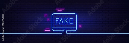 Neon light glow effect. Fake news line icon. Propaganda conspiracy tv sign. Wrong truth symbol. 3d line neon glow icon. Brick wall banner. Fake news outline. Vector