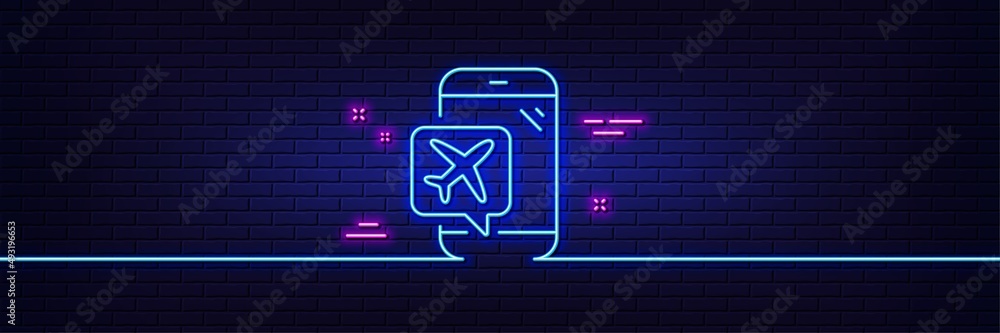 Neon light glow effect. Flight mode line icon. Airplane mode sign. Turn device offline symbol. 3d line neon glow icon. Brick wall banner. Flight mode outline. Vector Neon light glow effect. Flight mode line icon. Airplane mode sign. Turn device offline symbol. 3d line neon glow icon. Brick wall banner. Flight mode outline. Vector