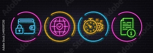 Lock, Cogwheel timer and Global insurance minimal line icons. Neon laser 3d lights. Manual icons. For web, application, printing. Blocked wallet, Engineering tool, Full coverage. Read file. Vector