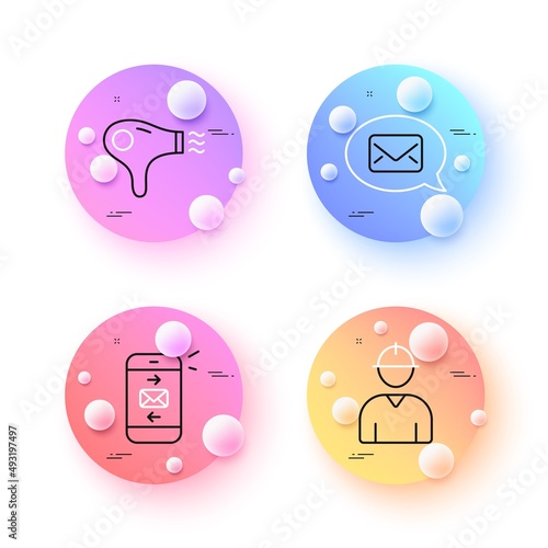 Mail, Hair dryer and Engineer minimal line icons. 3d spheres or balls buttons. Messenger icons. For web, application, printing. Smartphone communication, Hairdryer, Worker profile. New message. Vector