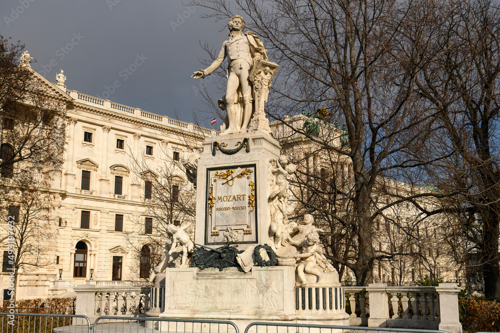 The Mozart Monument in the Burggarten in the Innere Stadt district of Vienna, Austria. January 2022