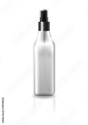Blank clear square cosmetic bottle with black press spray head for beauty product mockup template.